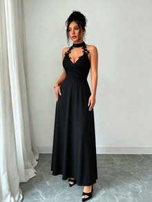 Celisse Women's Applique Decor Backless Halter Long Dress - Black - View 5