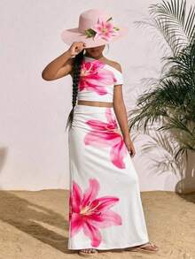 SHEIN Tween Girls' Spring/Summer Casual Vacation Off Shoulder Lily Flower Print Fitted Ruched Knit T-Shirt And Fitted Long Skirt Set, Pink - Apricot - View 3