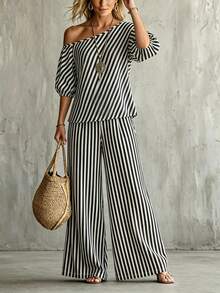 Glimmora New Women's Casual Loose Slant Shoulder Puff Sleeve Striped Top And Wide Leg Pants 2 Pieces Set - Black and White - View 1