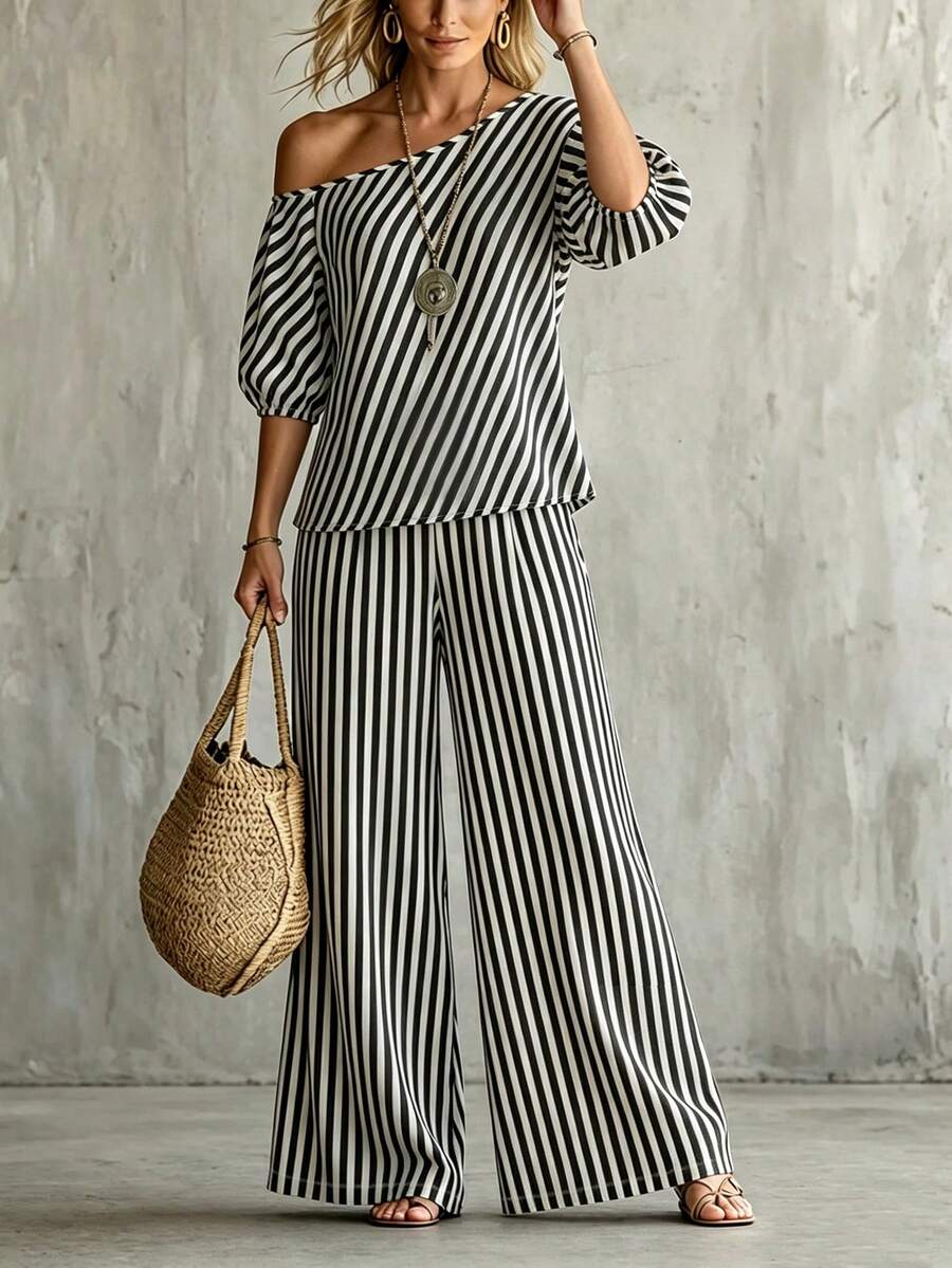 Glimmora New Women's Casual Loose Slant Shoulder Puff Sleeve Striped Top And Wide Leg Pants 2 Pieces Set - Black and White - View 1