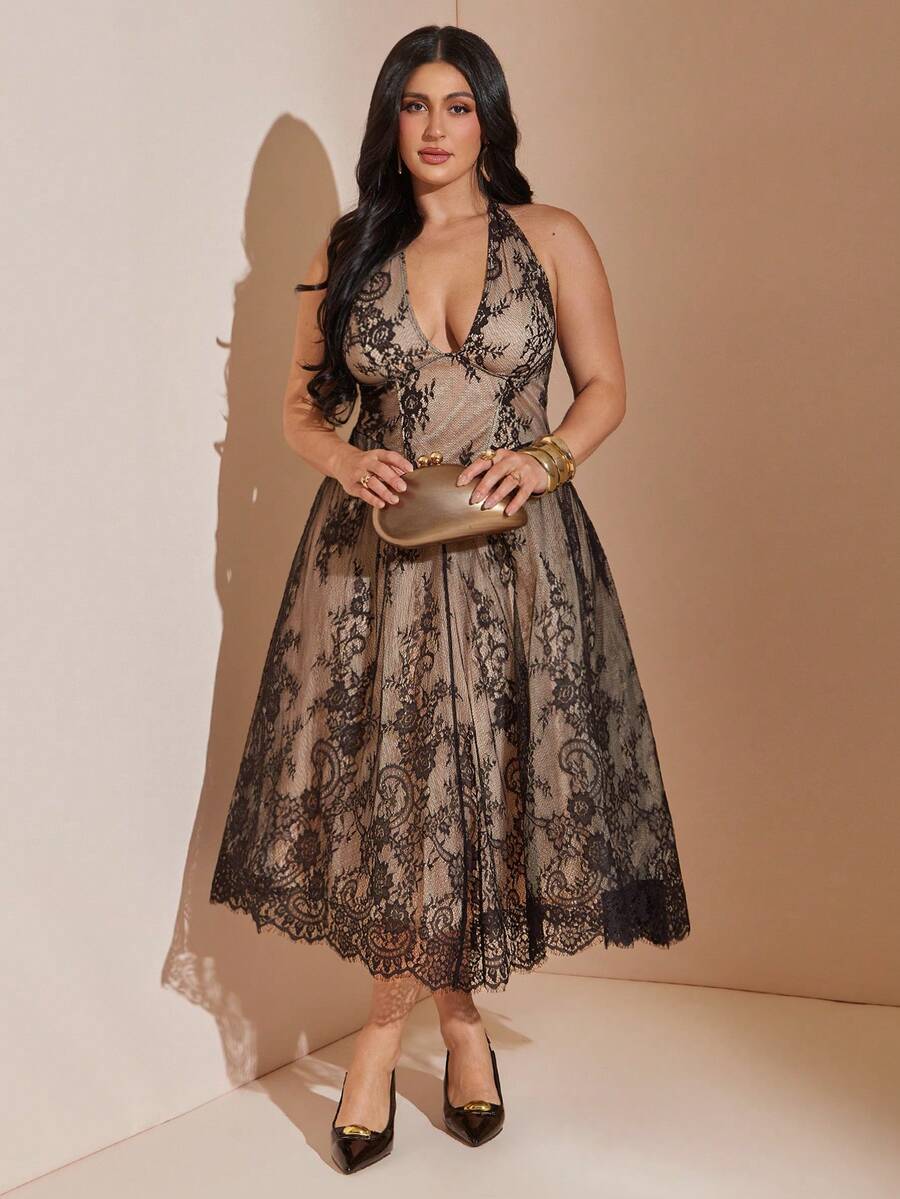 SHEIN BAE CURVE Plus Size Women's Elegant Light Beige Summer Day Party Dress,Floral Embroidered Applique Mesh V-Neck Sleeveless Princess Long Prom Dress For Wedding