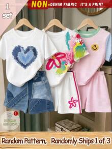 (3 conjuntos aleatorios, se envía 1 conjunto) Conjunto de camiseta corta básica y pantalones cortos con estampado de patchwork de corazón, flor, cara y rayas para niña preadolescente, atuendo diario de verano - Multicolor - Ver 1