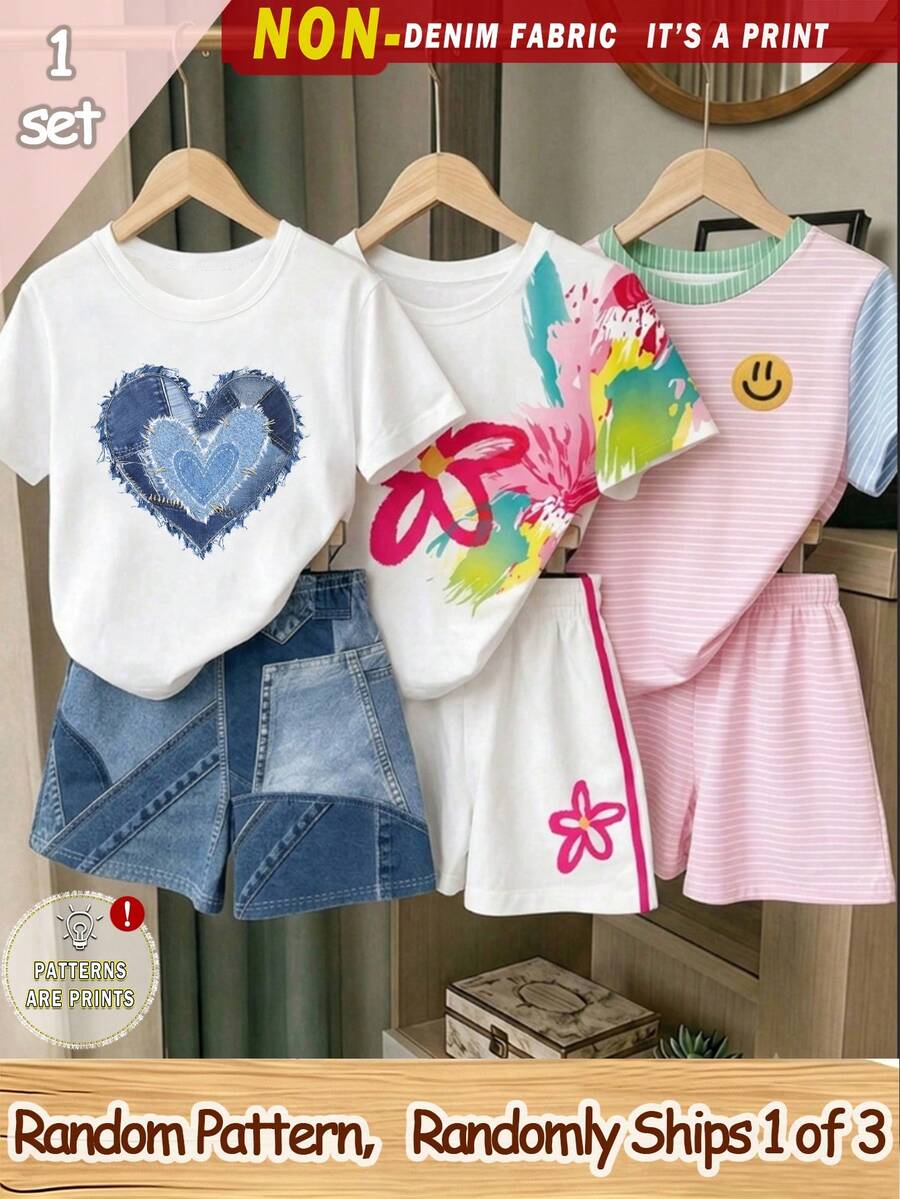(3 conjuntos aleatorios, se envía 1 conjunto) Conjunto de camiseta corta básica y pantalones cortos con estampado de patchwork de corazón, flor, cara y rayas para niña preadolescente, atuendo diario de verano - Multicolor - Ver 1