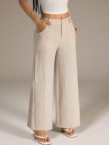 SHEIN PETITE 100% Washed Cotton Low Waist Straight Pants - Apricot - View 1