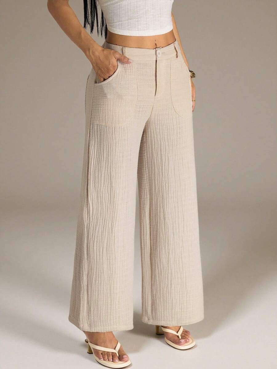 SHEIN PETITE 100% Washed Cotton Low Waist Straight Pants - Apricot - View 1