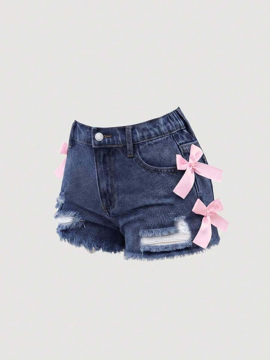 SHEIN Tween女孩蝴蝶結裝飾磨損毛邊牛仔短褲 - 深色水洗藍 - 查看 1