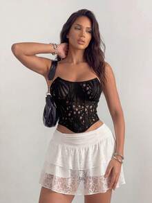 Sirith Mesh Patchwork Embroidered Cropped Top Dinner White Summer Low Waist Wedding Guest - Black - View 2
