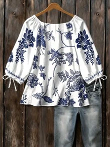 EMERY ROSE Camisa de cuello redondo casual minimalista con mangas 3/4 y estampado floral vintage - Multicolor - Ver 2