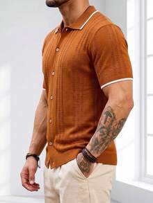 Manfinity Homme 男士鏤空提花針織開襟 Polo 衫，夏季對比色翻領短袖襯衫，休閒商務穿搭 - 咖啡棕 - 查看 4