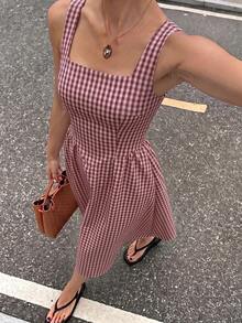 Siren Gaze Casual Vacation Style Red Plaid Full Print Pattern Women's Mid-Length Dress Suitable For Spring And Summer - Multicolor - View 4