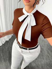 Elenzga Plus Size Women's Summer White & Brown Colorblock Bowknot Ribbon Shoulder Slimming Elegant Exquisite Short Sleeve T-Shirt. Suitable For Daily Casual Commute. Dating - Rust Brown - View 3