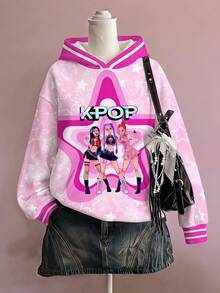 少女可愛卡通女團印花 K-Pop 紮染寬鬆連帽舒適日常針織長袖衛衣，適合秋冬 - 彩色 - 查看 2