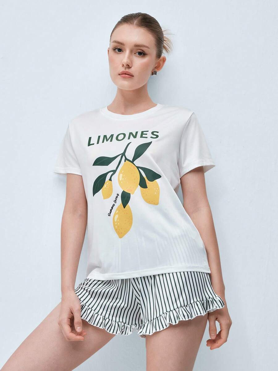 Softvol 2pcs Women Printed Short Sleeve Top + Elastic Waist Shorts Pajama Set