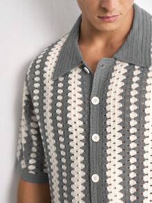 RONVEXI Men's Summer Hollow Knit Short Sleeve Polo Shirt, Casual 80s Open Front Knit Shirt Vacation Gray Vacation Vacation - Light Grey - View 4