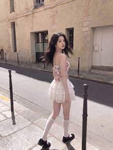 SHEIN MOD Contrast Lace Layer Hem Skirt Ruffle Skirtskirt White - White - View 7