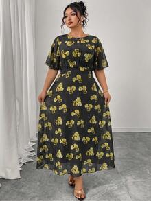 Modelyn Gaun Chiffon Hitam Elegan Ukuran Plus Wanita Motif Langit Musim Semi/Panas Leher Bulat Lengan Lonceng Berkerut Model Drape Pas Badan untuk Pesta Teh dan Liburan - MultiWarna - View 5