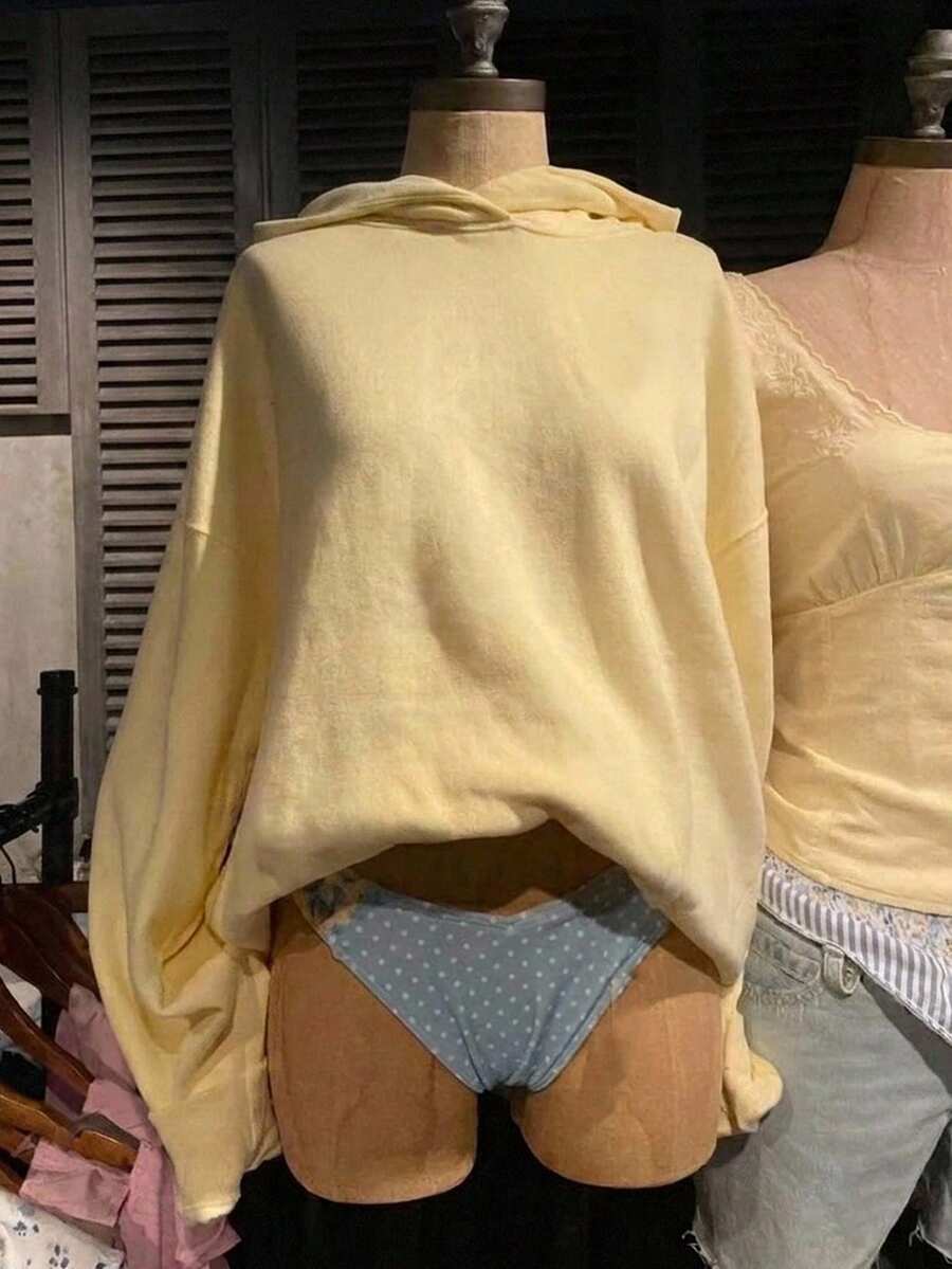 Attitoon 女款夏季簡約休閒米黃色純色套頭連帽長袖衛衣 無抽繩 大廓形 秋冬女裝 - 淡黃色 - 查看 1