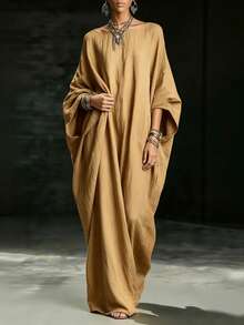 Everyssa Bohemian Style Relaxed Lazy Linen Batwing Sleeve Robe Vacation Style Long Dress - Khaki - View 3