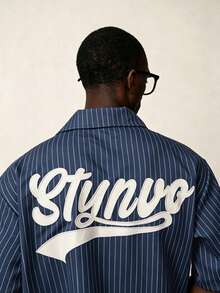 STYNVO 男士字母刺繡條紋短袖休閒襯衫 - 霧霾藍 - 查看 5