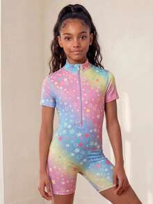 SHEIN 少女可愛星星印花短袖前開襟拉鍊運動連身褲，返校季秋冬新品 - 彩色 - 查看 8