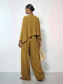 Zivah New Commuting Loose Cape Asymmetrical Top + Wide-Leg Trousers Women's Two Pieces Set - Mustard Yellow - View 2