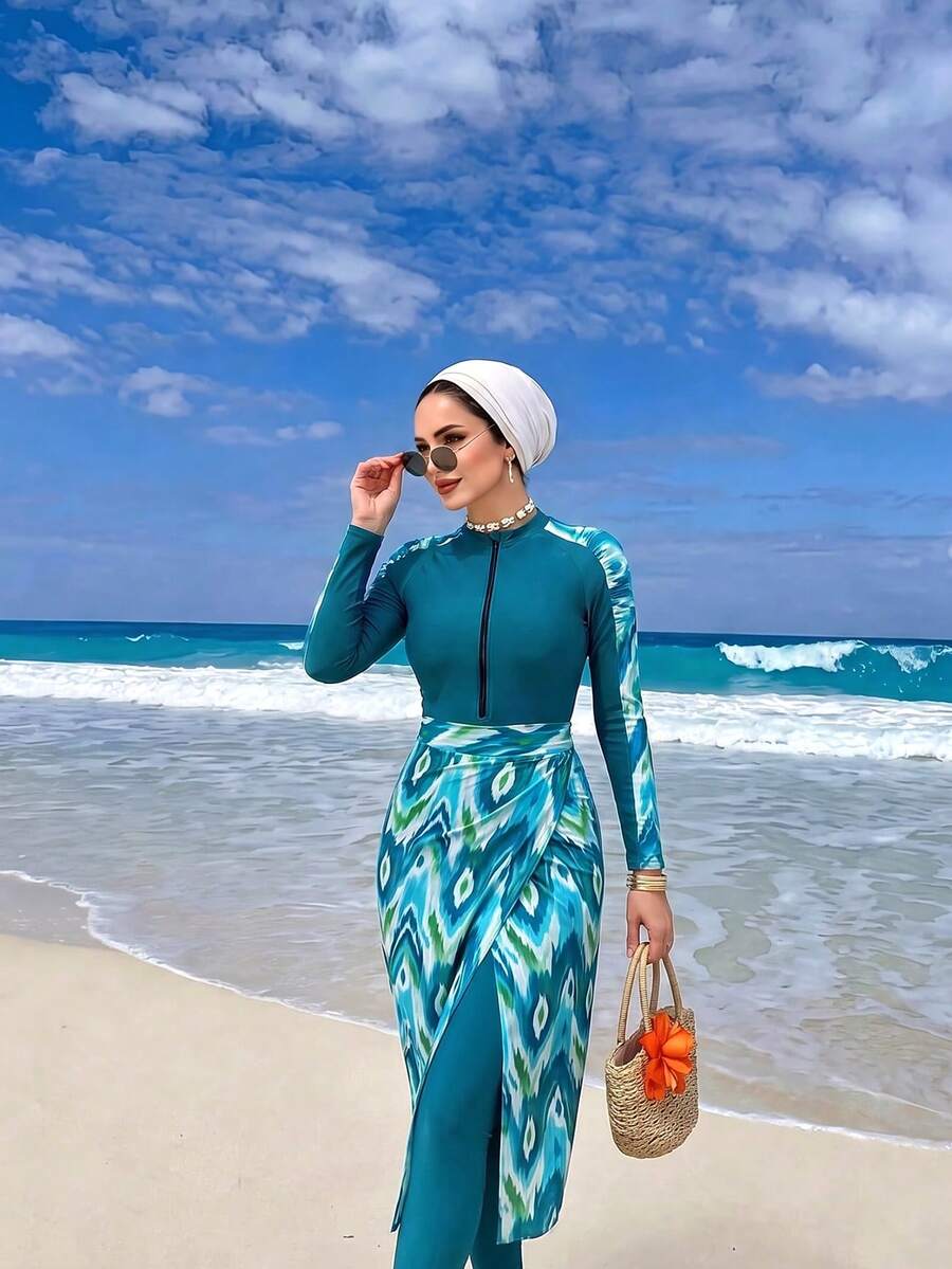 Swim Shayni 夏季海滩女士扎染拼接连体泳衣带裤子和裙子罩衫泳衣套装阿拉伯服装