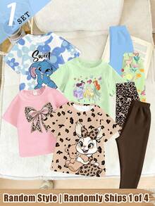1 Random Item From 4 Girls' Kawaii Leopard Print Bow, Blue Rabbit Teddy Bear, Basic Short T And Base Pants Set Back-To-School School - Multicolor - View 3