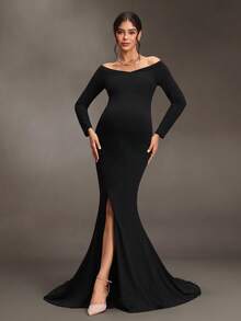 Cheriluna Maternity Cold Shoulder Long Sleeve Black Maternity Gown Photoshoot Baby Shower Photography Dress Summer Elegant Wedding Guest - Black - View 1