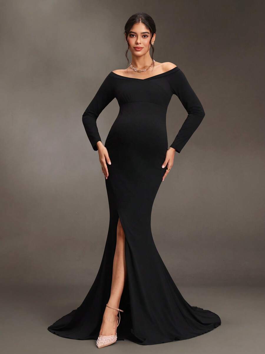 Cheriluna Maternity Cold Shoulder Long Sleeve Black Maternity Gown Photoshoot Baby Shower Photography Dress Summer Elegant Wedding Guest - Black - View 1