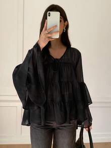 Solavon Women's Solid Color Bell Sleeve Ruffle Blouse - Black - View 6