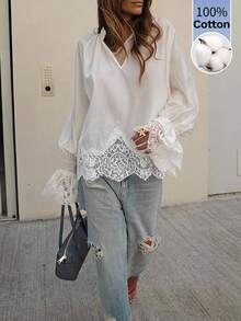 Serisse Women's Solid Color Notched V-Neck Lace Hem Patchwork Fashion Blouse - Apricot - View 1
