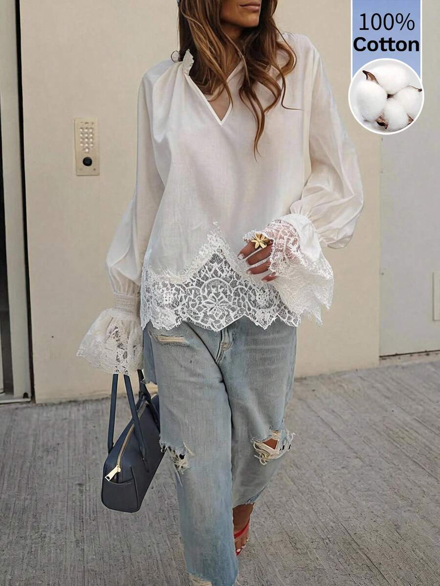 Serisse Women's Solid Color Notched V-Neck Lace Hem Patchwork Fashion Blouse - Apricot - View 1