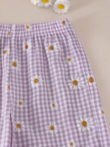 SHEIN Vintaside Kids 2件組少女紋理上衣搭配3D花朵裝飾與休閒長褲，適合日常休閒穿著 - 紫色 - 查看 7