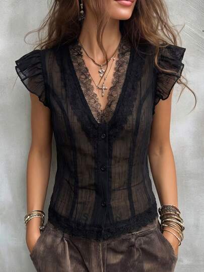 SHEIN Women's Summer French Elegant Casual Design Lace Patchwork V-Neck Flutter Sleeve Slim Fit Flattering Black Short Top