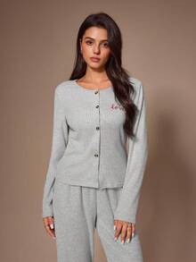 Lazeform Heart Embroidered Casual Women's Pajama Set Loungewear - Light Grey - View 6