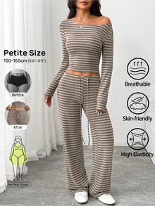 SHEIN PETITE Women's Striped Long Sleeve T-Shirt And Pants Casual 2 Pieces Set - Brown - View 3