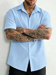 Manfinity Dauomo Men's Solid Color Button-Front Short Sleeve Shirt, Summer - Baby Blue - View 3