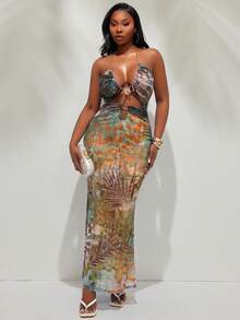 Radiana Plus Size Women's Sexy Elegant Island Vacation Dress, Blue Tie-Dye Print Fitted Dress, Backless Hollow Out Dress, Ocean Style Dress, Women's Cruise Wear, Women's Vacation Wear, Mesh Dress, Ibiza Style Dress, Beach Dress, Vacation Swimwear Cover-Up - Multicolor - View 2