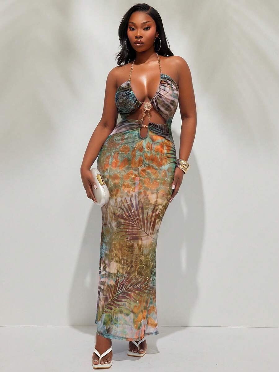 Radiana Plus Size Women's Sexy Elegant Island Vacation Dress, Blue Tie-Dye Print Fitted Dress, Backless Hollow Out Dress, Ocean Style Dress, Women's Cruise Wear, Women's Vacation Wear, Mesh Dress, Ibiza Style Dress, Beach Dress, Vacation Swimwear Cover-Up
