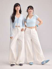 DAZY Women's Washed Solid Color Casual Loose Fit Versatile Jeans Petite - White - View 17