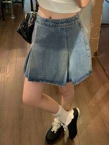DAZY 女款西式牛仔風 A 字百褶休閒度假夏季牛仔裙，可愛上衣搭配 - 淺色水洗藍 - 查看 7