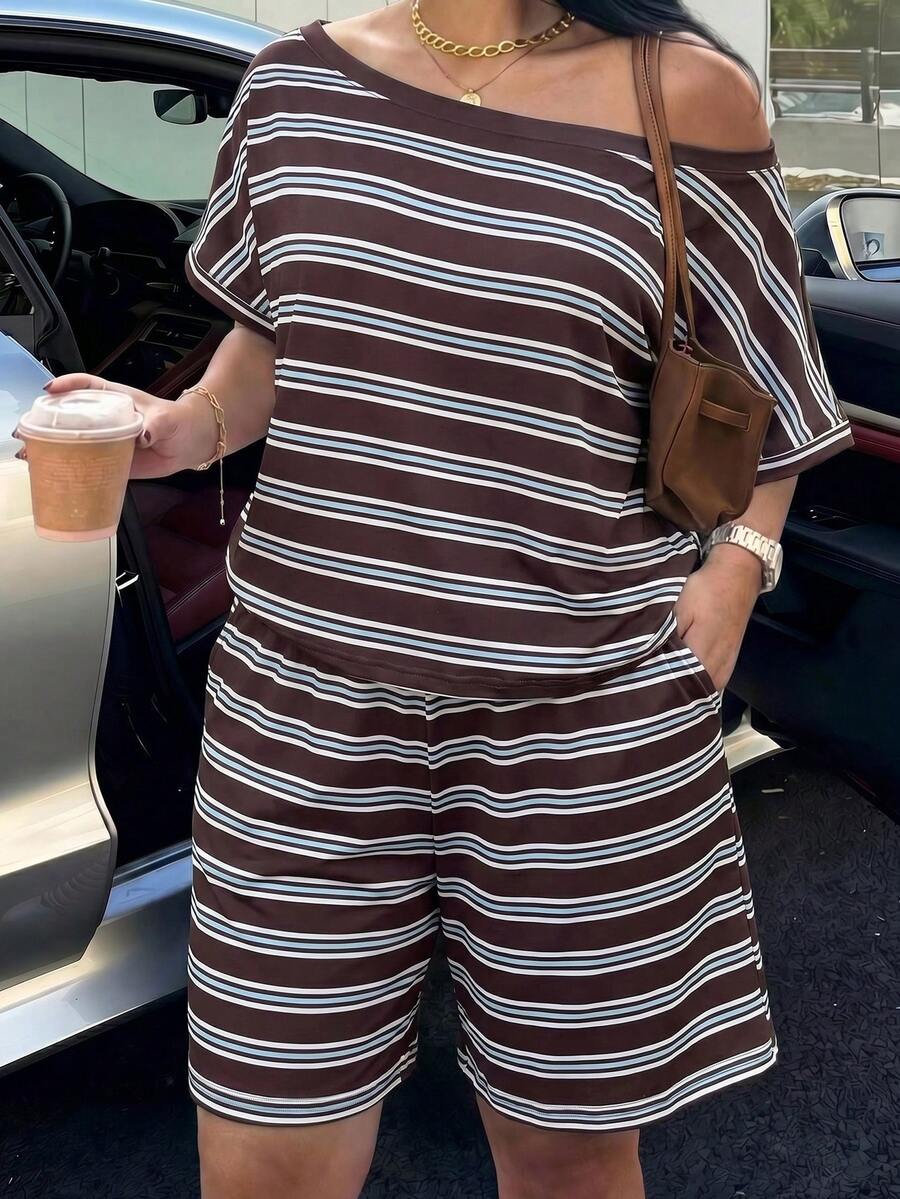 Muchica Plus Size Summer Casual Striped T-Shirt And Shorts 2 Pieces Set - Multicolor - View 1