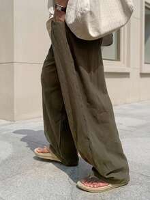 DAZY Long Brown Curved Blade Design Loose Elastic Waist Men's Pants - Brown - View 12