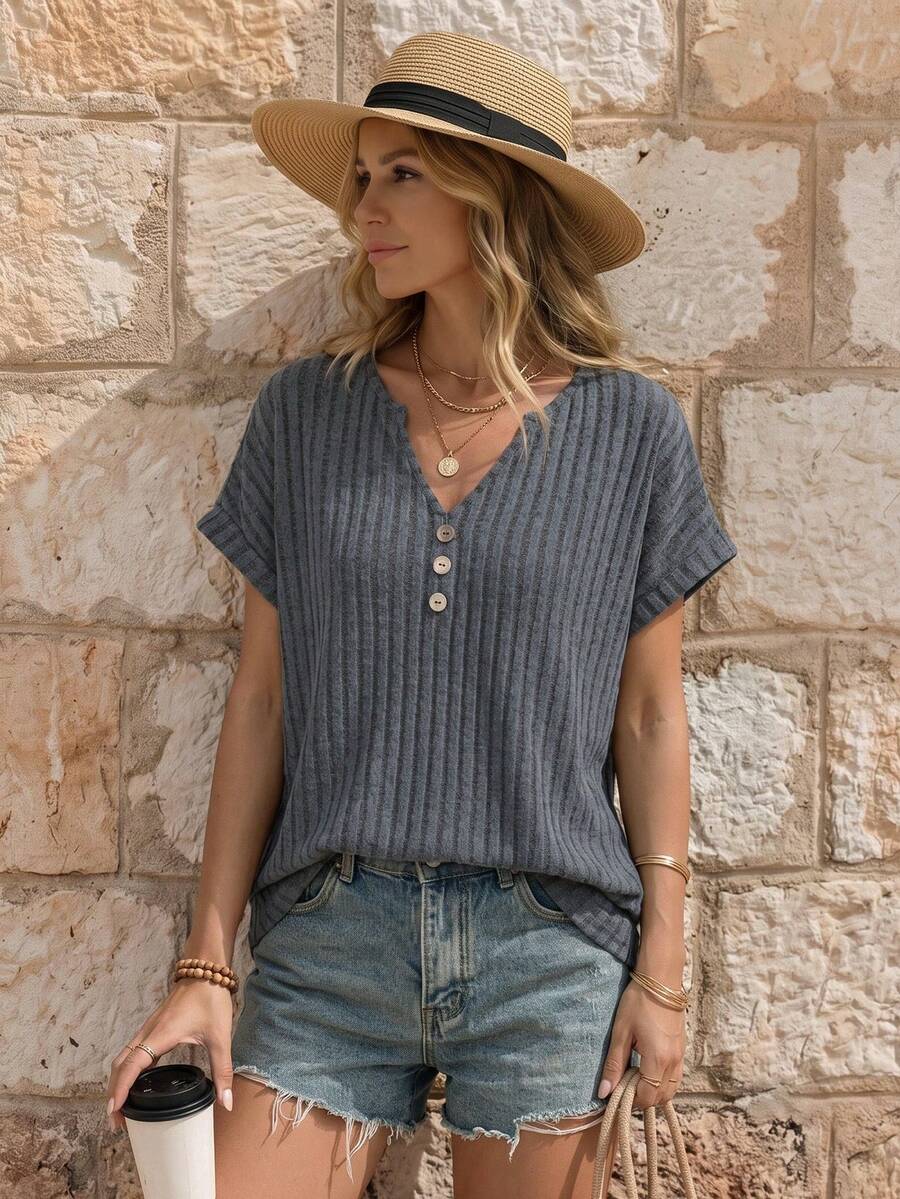 EMERY ROSE Camiseta de manga de murciélago con decoración de botones, casual y sencilla, para verano - Gris - Ver 1