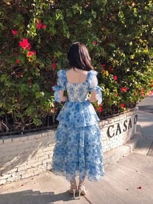 Skyraze Women White And Blue Floral Organza Dress Summer Cottagecore Elegant Casual Fairy Layered Ruffle Hem Bow Accent Date Garden Party Wedding - Blue and White - View 2