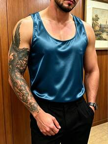 Manfinity Dauomo Men's Satin Sleeveless Tank Top - Navy Blue - View 5