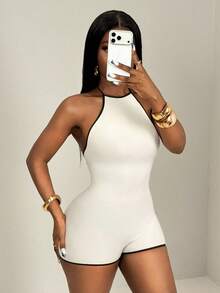 BamGleam Seamless Knit Trim Contrast Color Sexy Jumpsuit Bodysuits For Women Romper Club Summer , Vacation Halter Neck Tummy Control Shapewear - Beige - View 4