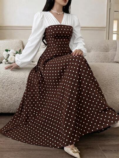 Celisse Robe 2 en 1 à pois marron avec manches bouffantes lanterne et taille cintrée, style élégant de navetteur pour le printemps et l'automne