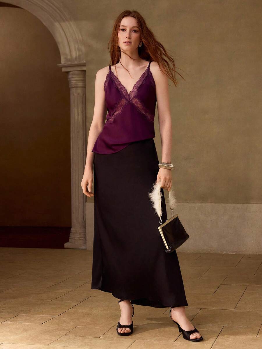 MOTF PREMIUM SATIN CONTRAST LACE CAMI TOP DATE NIGHT NIGHT OUT DARK PURPLE SUMMER SEXY - Purple - View 2