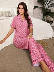 Serenescape Women's Vacation Style Geometric Print Lapel Short Sleeve Long Pants Pajama Set - Pink - View 5